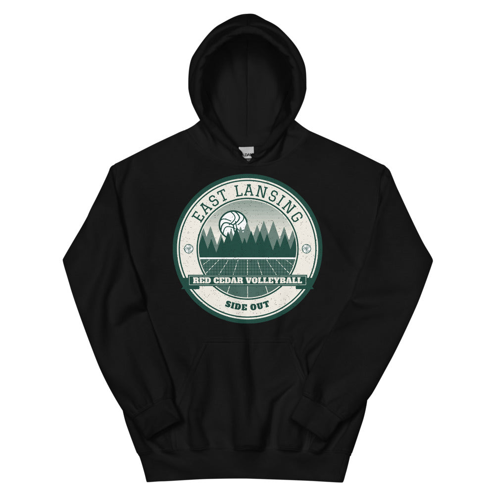 East Lansing Red Cedar Volleyball Hoodie in black, front