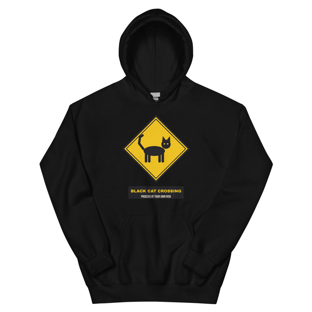 Black Cat Crossing Unisex Hoodie in black, design printed on the front, front view