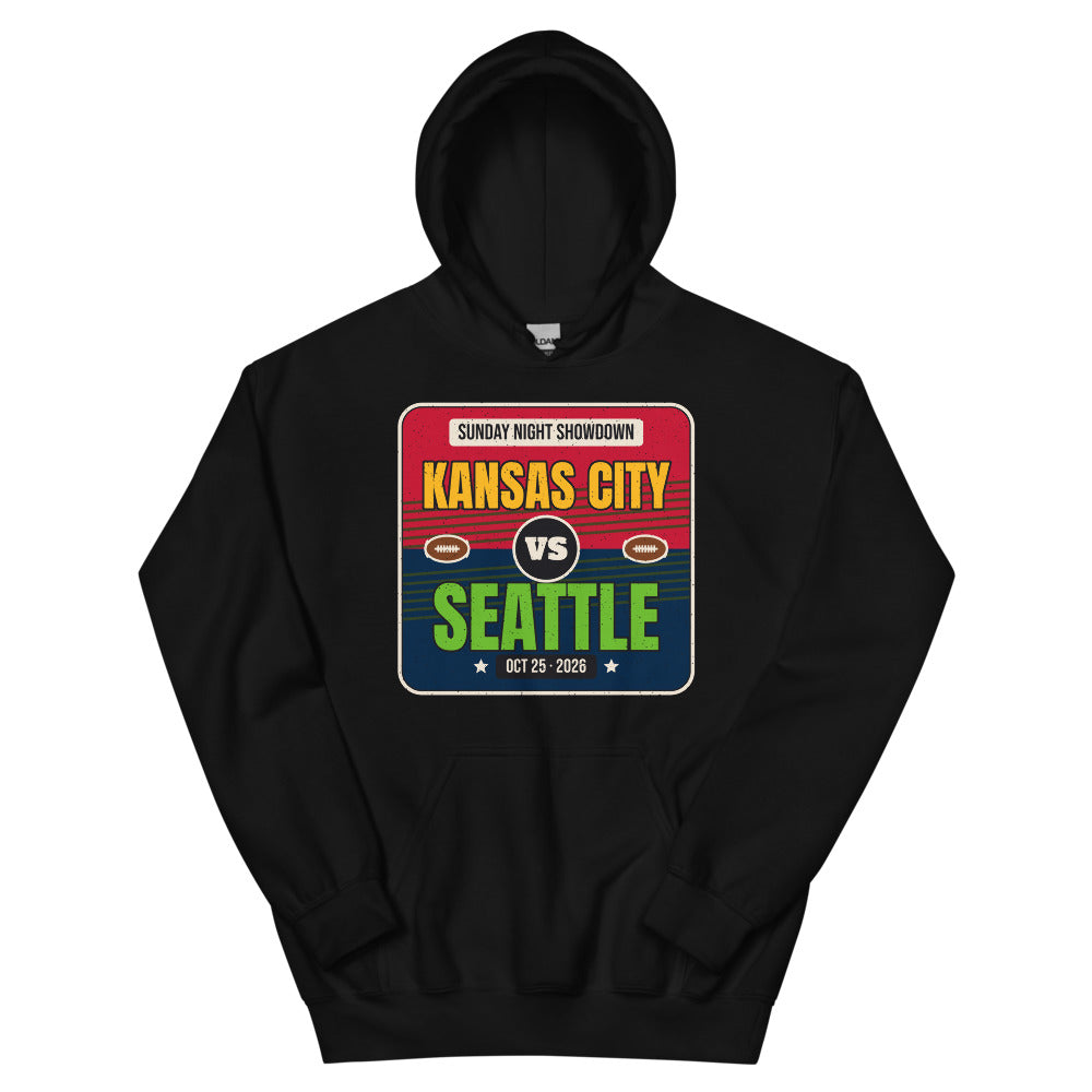 Kansas City vs. Seattle Showdown 2026 Unisex Hoodie in black, design printed on the front, front view