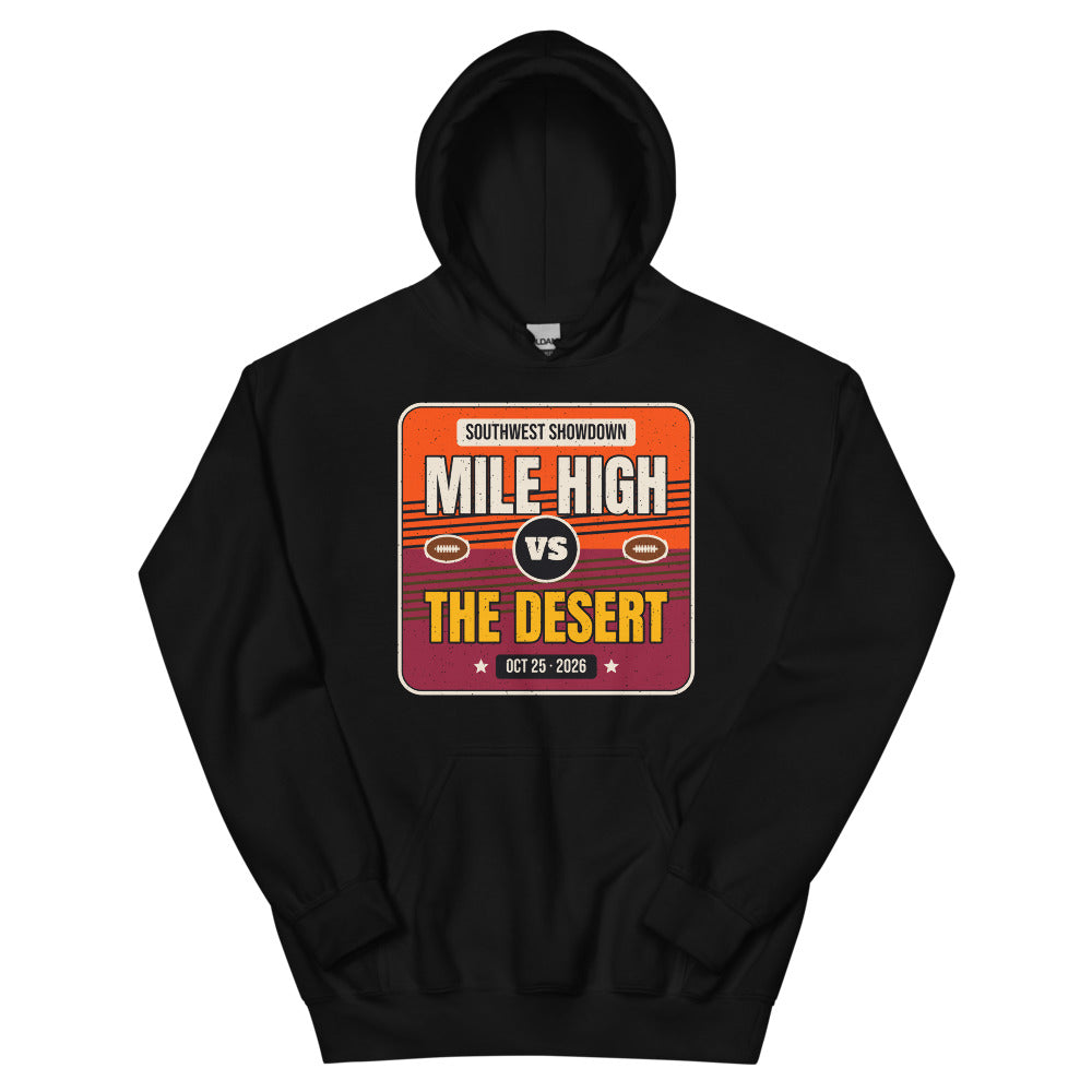 Mile High vs. The Desert Showdown 2026 Unisex Hoodie in black, design printed on the front, front view