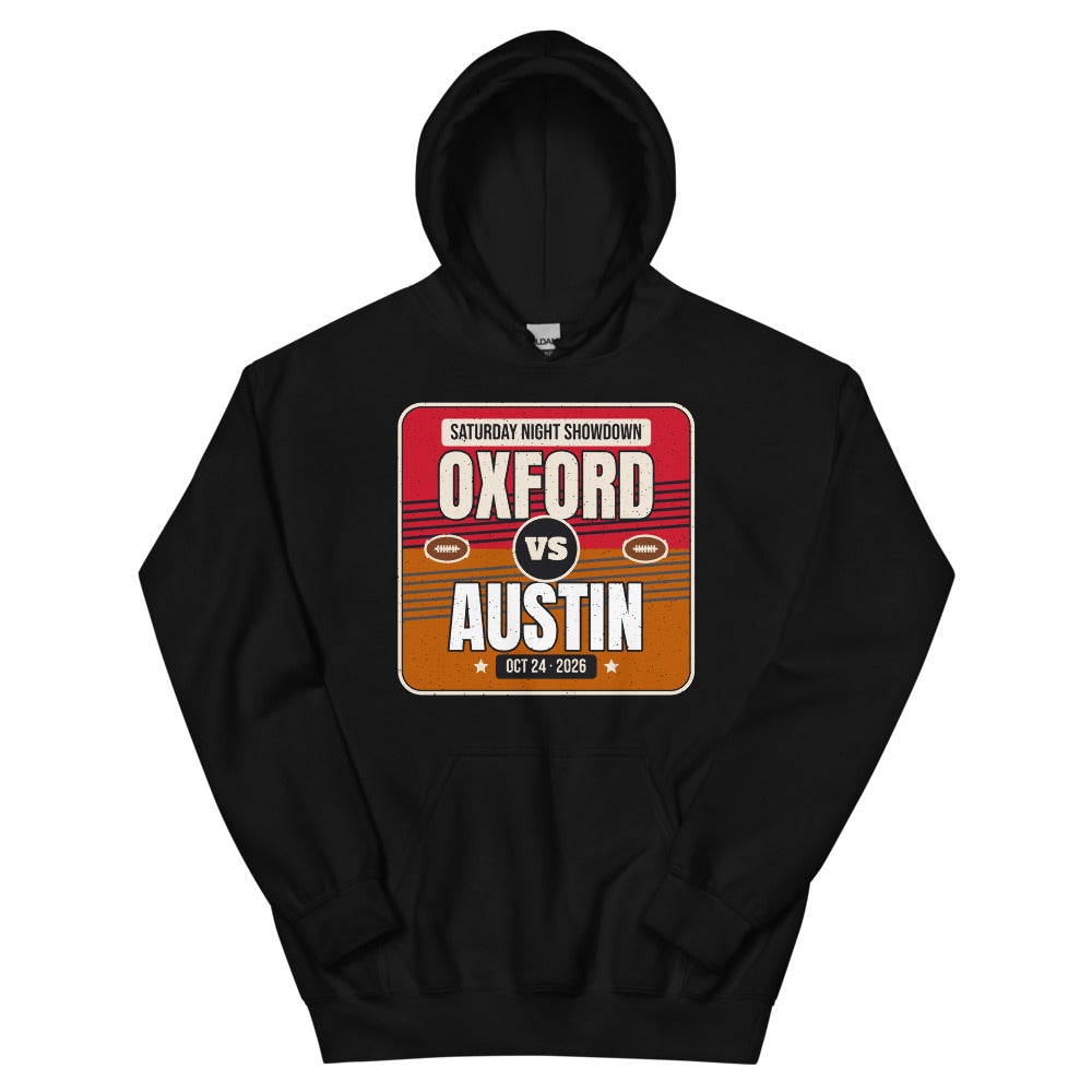 Oxford vs. Austin Showdown 2026 Unisex Hoodie in black, design printed on the front, front view
