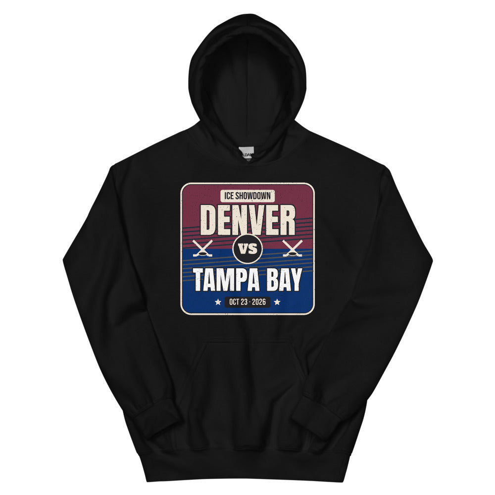 Denver vs. Tampa Bay Showdown 2026 Unisex Hoodie in black, design printed on the front, front view