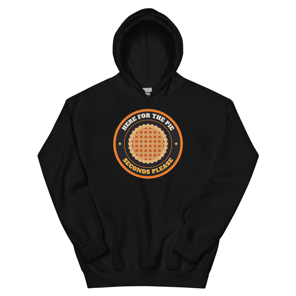 Here for the Pie Unisex Hoodie in black, design printed on the front, front view