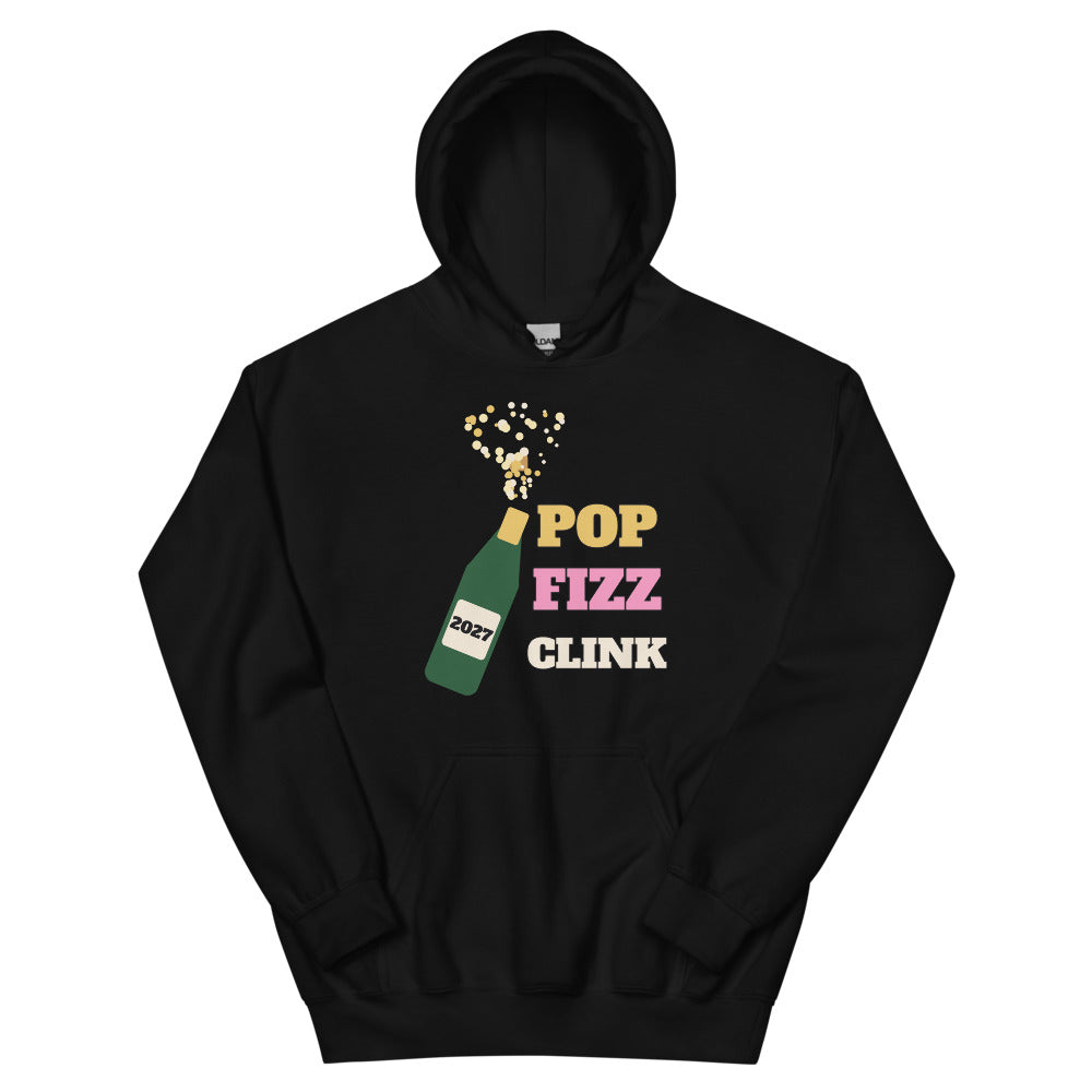 Pop Fizz Clink Unisex Hoodie in black, design printed on the front, front view