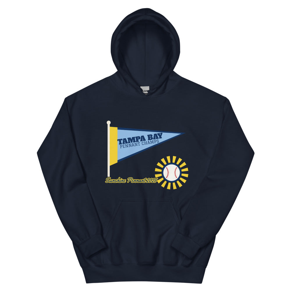 Tampa Bay Sunshine Pennant 2026 Unisex Hoodie in navy, design printed on the front, front view