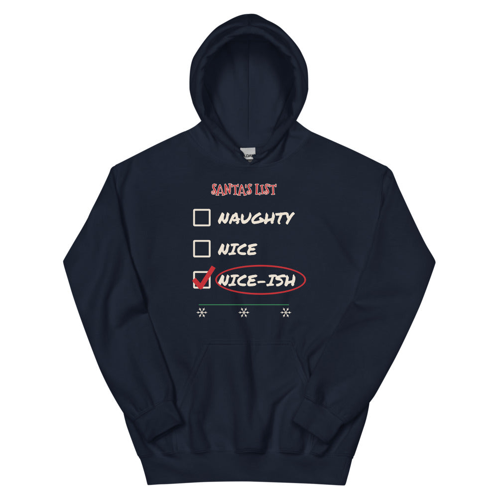 Nice-ish Unisex Hoodie in navy, design printed on the front, front view
