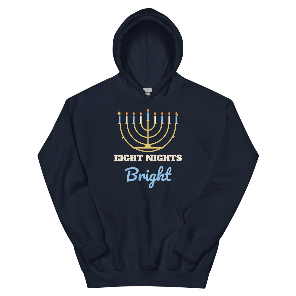 Eight Nights Bright Unisex Hoodie in navy, design printed on the front, front view