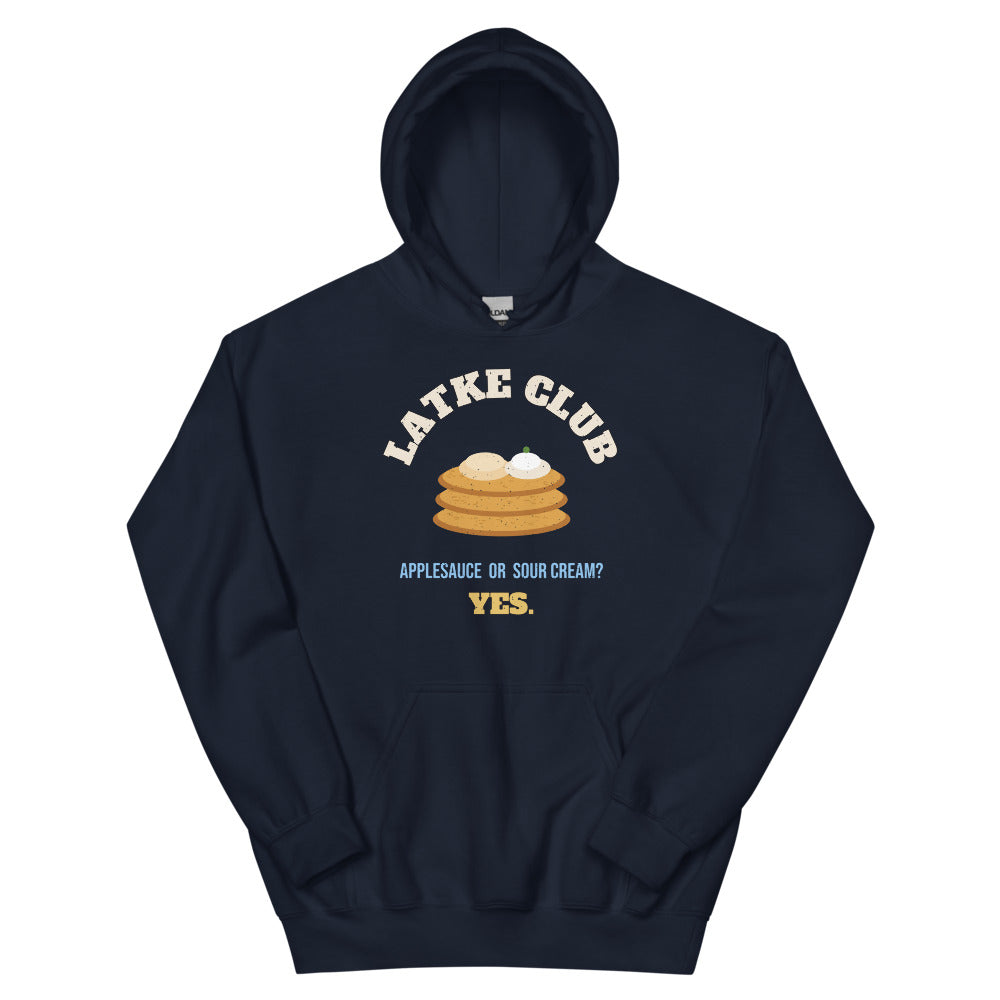 Latke Club Unisex Hoodie in navy, design printed on the front, front view