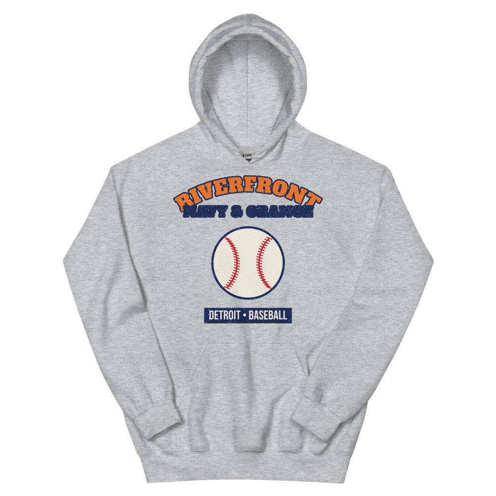 Riverfront Navy & Orange Baseball Hoodie in sport grey, front