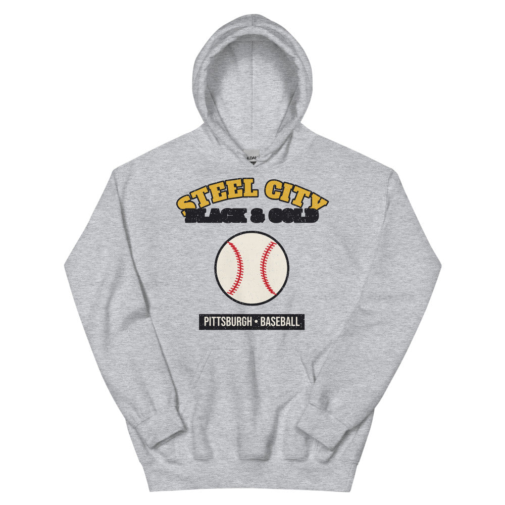 Steel City Black & Gold Baseball Hoodie in sport grey, front
