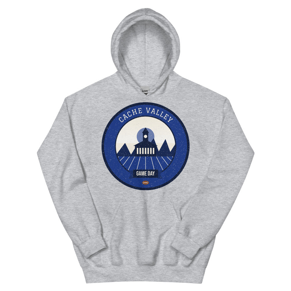 Deep Blue Cache Valley Game Day Hoodie in sport grey, front