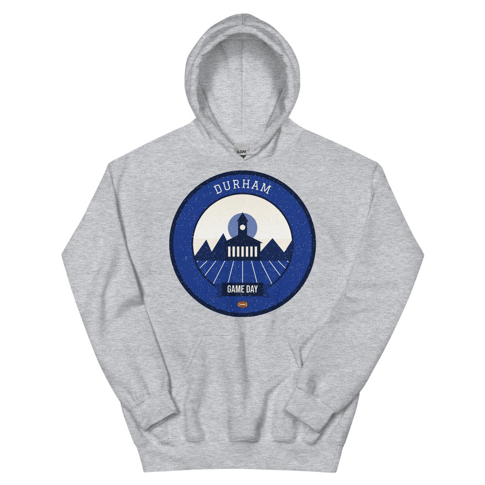 Deep Blue Gothic Spire Game Day Hoodie in sport grey, front
