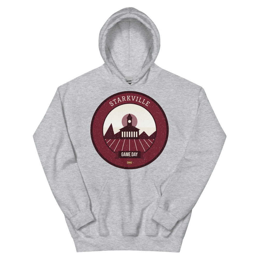 Maroon & White Cowbell Game Day Hoodie in sport grey, front