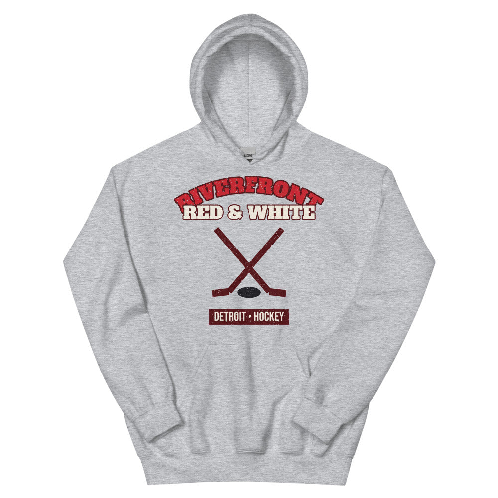 Riverfront Red & White Hockey Hoodie in sport grey, front