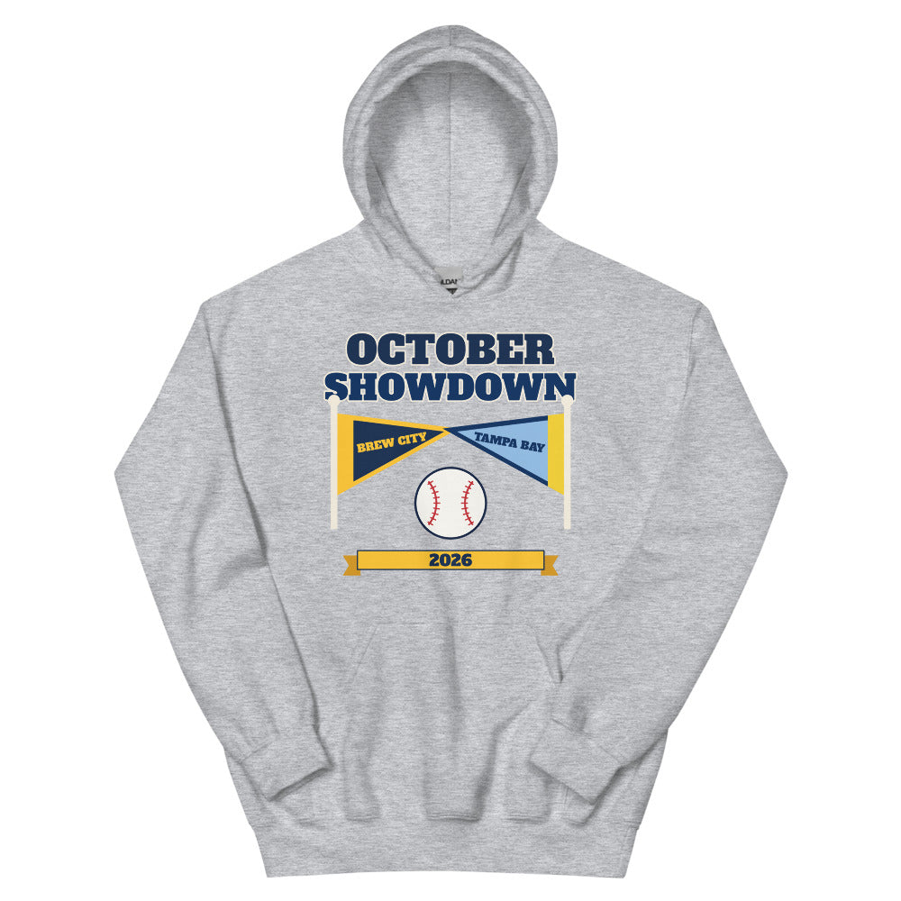 October Showdown 2026 Unisex Hoodie in sport grey, design printed on the front, front view