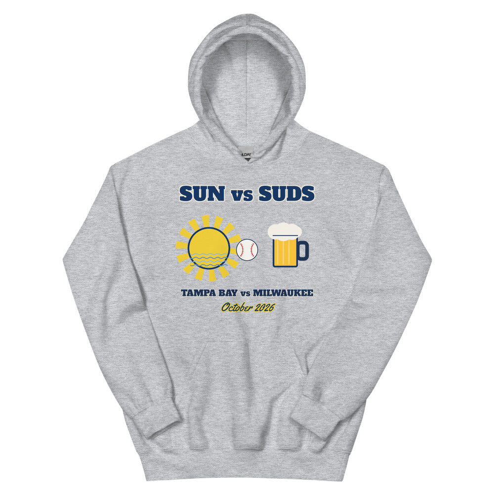 Sun vs Suds Tampa Bay vs Milwaukee Unisex Hoodie in sport grey, design printed on the front, front view