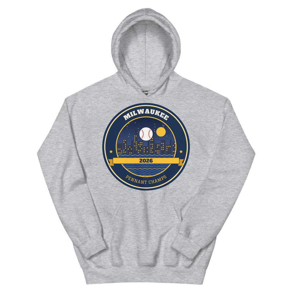 Milwaukee 2026 Pennant Champs Unisex Hoodie in sport grey, design printed on the front, front view