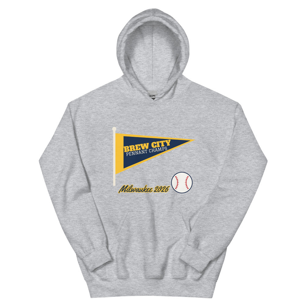 Brew City Pennant 2026 Unisex Hoodie in sport grey, design printed on the front, front view