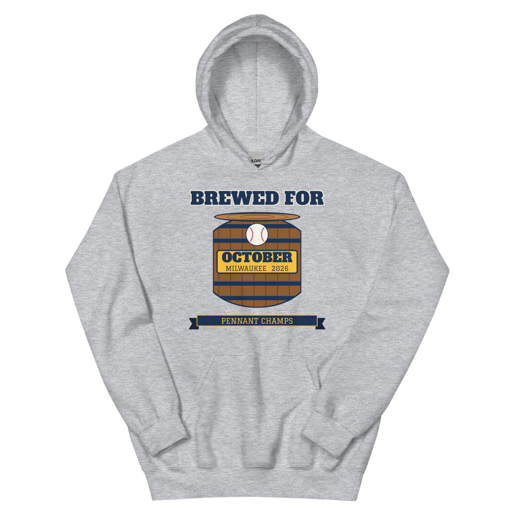 Brewed for October Milwaukee 2026 Unisex Hoodie in sport grey, design printed on the front, front view