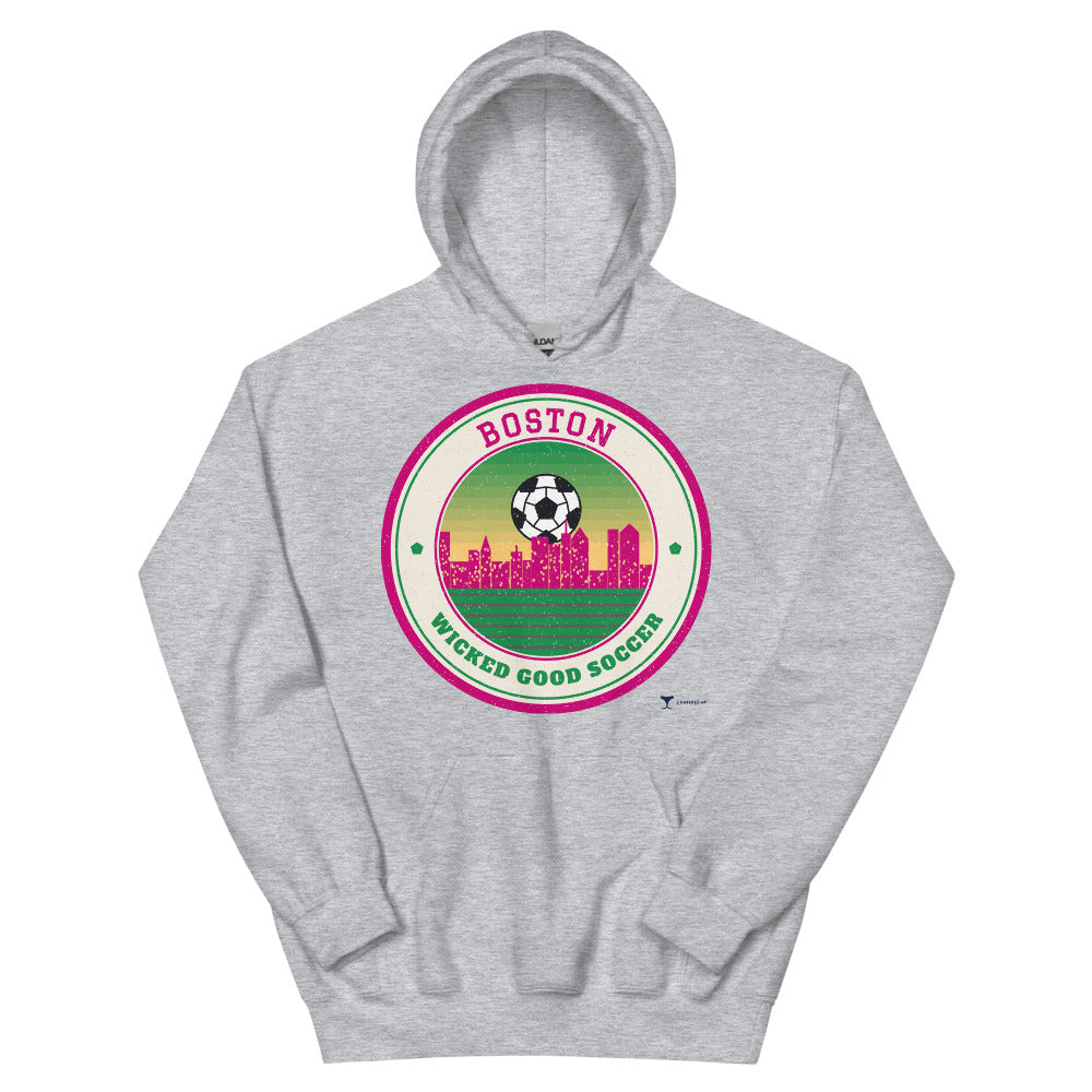 Boston Wicked Good Soccer Unisex Hoodie in sport grey, design printed on the front, front view