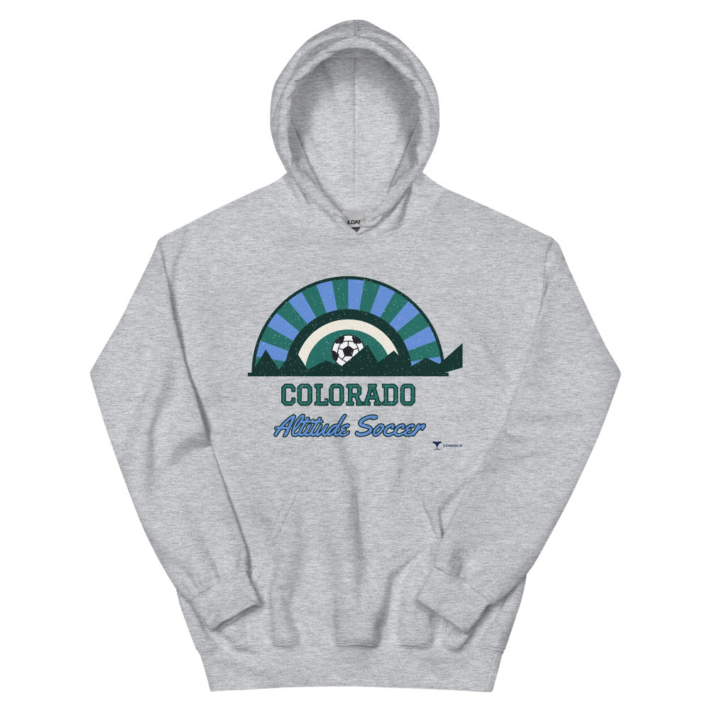 Colorado Altitude Soccer Unisex Hoodie in sport grey, design printed on the front, front view