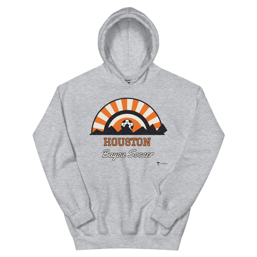 Houston Bayou Soccer Unisex Hoodie in sport grey, design printed on the front, front view