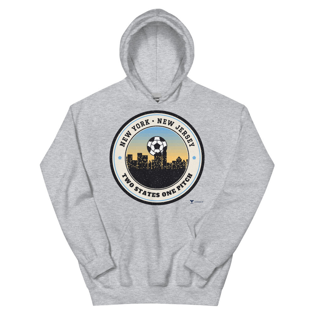 NY NJ Two States One Pitch Unisex Hoodie in sport grey, design printed on the front, front view