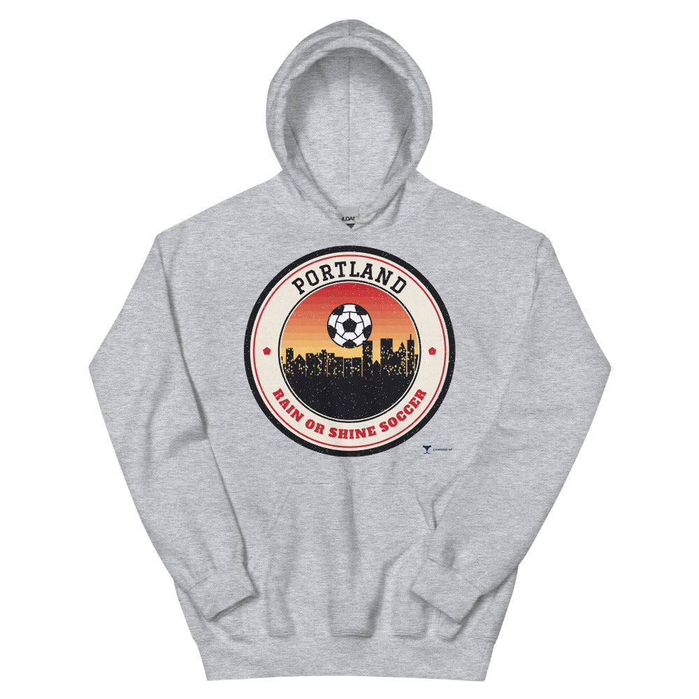 Portland Rain or Shine Soccer Unisex Hoodie in sport grey, design printed on the front, front view