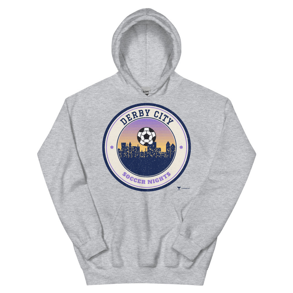 Derby City Soccer Nights Unisex Hoodie in sport grey, design printed on the front, front view