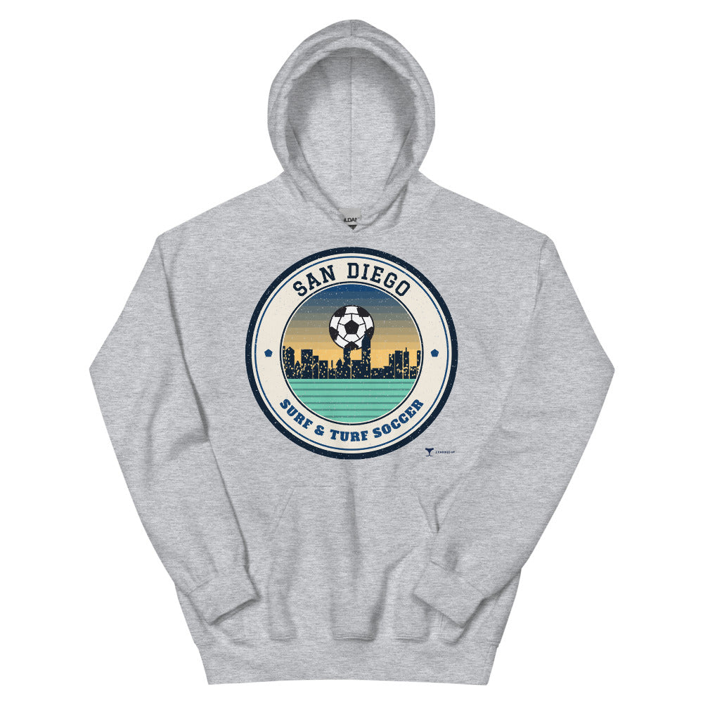 San Diego Surf & Turf Soccer Unisex Hoodie in sport grey, design printed on the front, front view