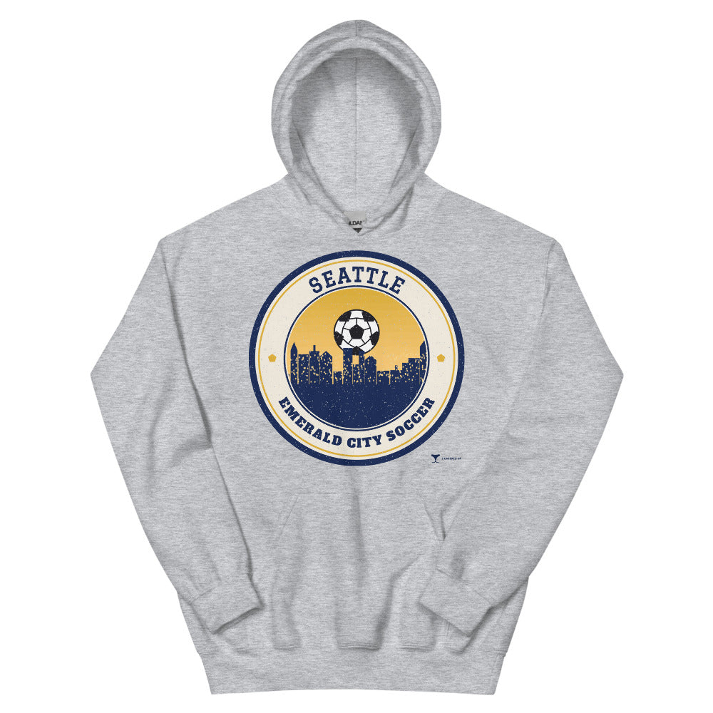 Seattle Emerald City Soccer Unisex Hoodie in sport grey, design printed on the front, front view