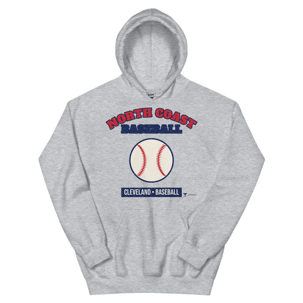 North Coast Baseball Cleveland Unisex Hoodie in sport grey, design printed on the front, front view