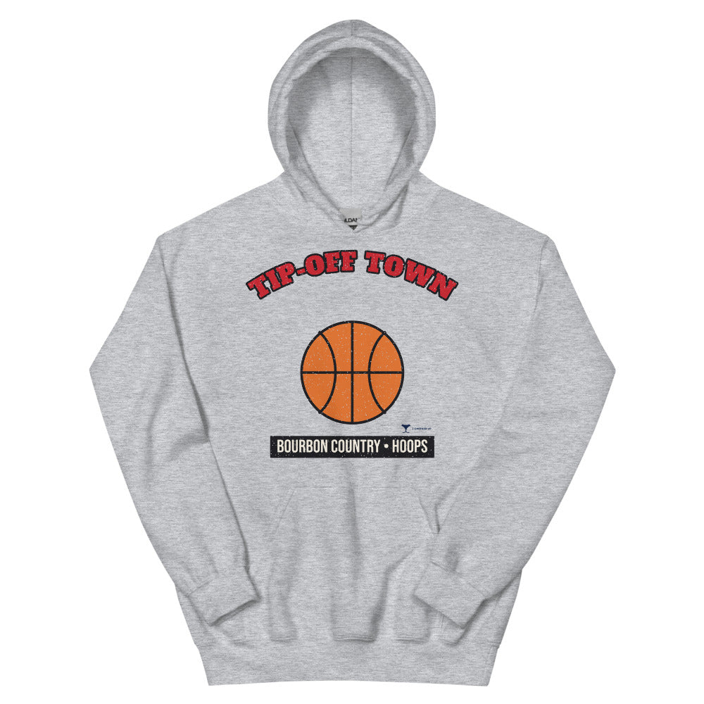 Bourbon Country Tip-Off Town Unisex Hoodie in sport grey, design printed on the front, front view