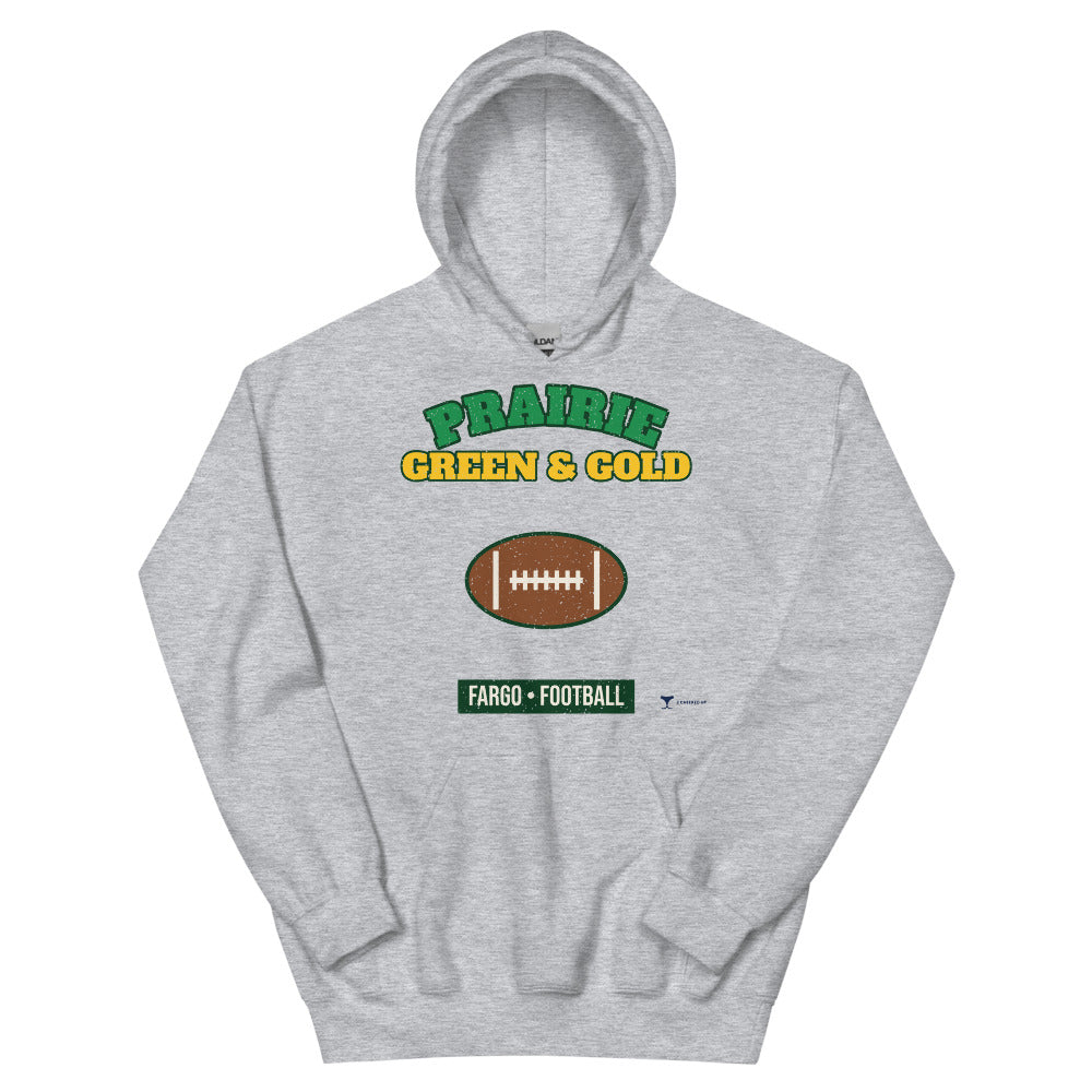 Prairie Green & Gold Fargo Football Unisex Hoodie in sport grey, design printed on the front, front view