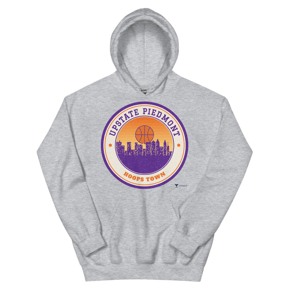 Upstate Piedmont Hoops Town Unisex Hoodie in sport grey, design printed on the front, front view
