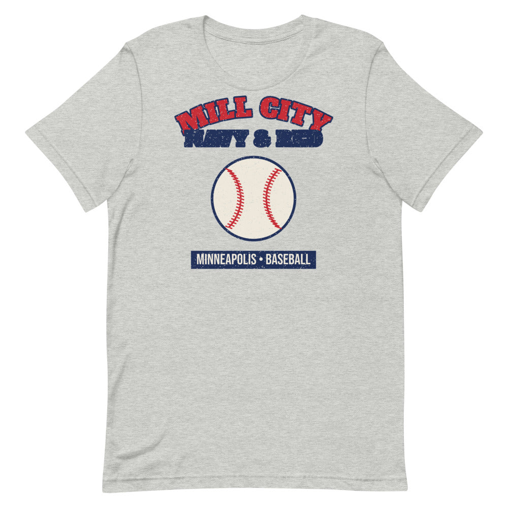Mill City Navy & Red Baseball Tee in athletic heather, front