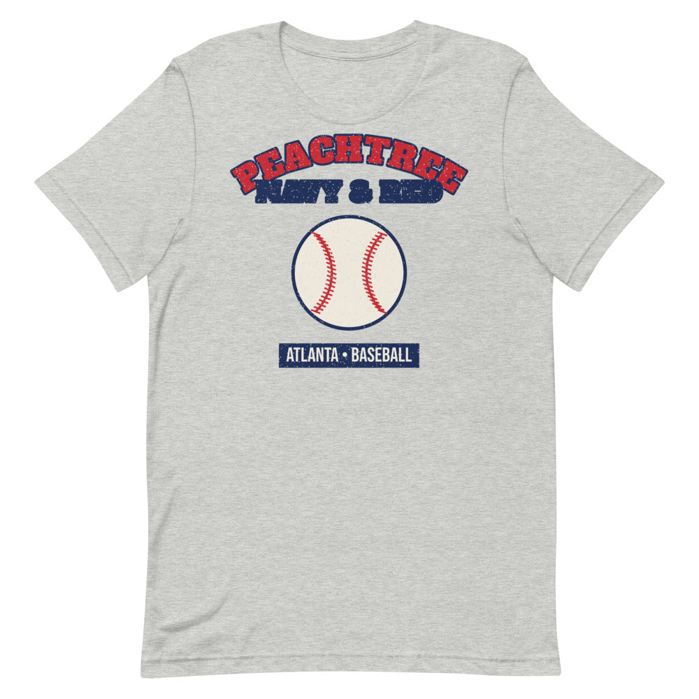 Peachtree Navy & Red Baseball Tee in athletic heather, front
