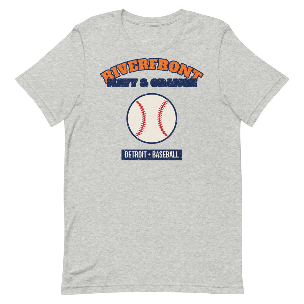 Riverfront Navy & Orange Baseball Tee in athletic heather, front