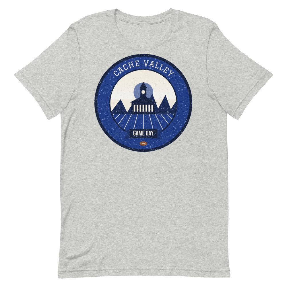 Deep Blue Cache Valley Game Day Tee in athletic heather, front