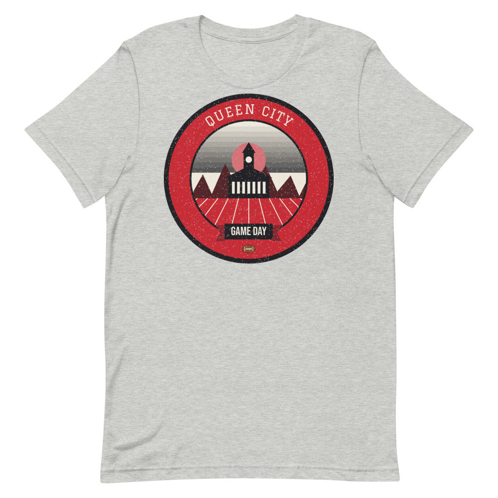 Red & Black Queen City Game Day Tee in athletic heather, front