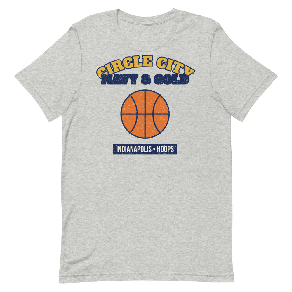 Circle City Navy & Gold Hoops Tee in athletic heather, front