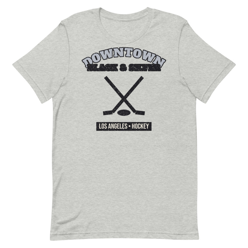 Downtown Black & Silver Hockey Tee in athletic heather, front