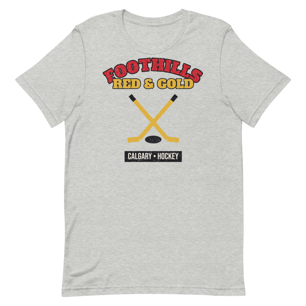 Foothills Red & Gold Hockey Tee in athletic heather, front