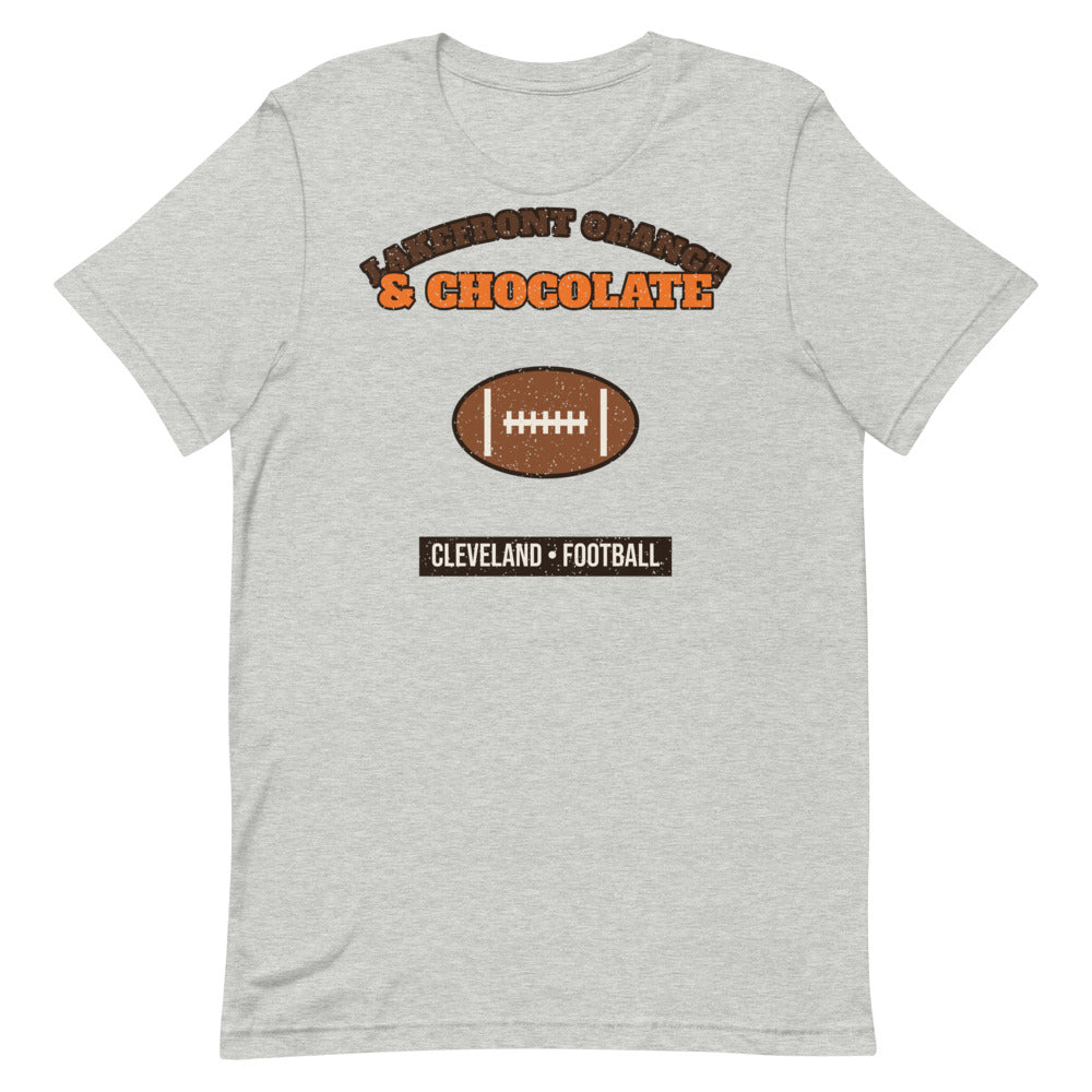 Lakefront Orange & Chocolate Football Tee in athletic heather, front