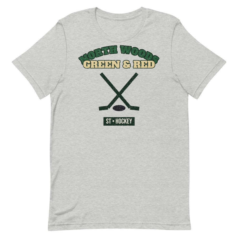 North Woods Green & Red Hockey Tee in athletic heather, front