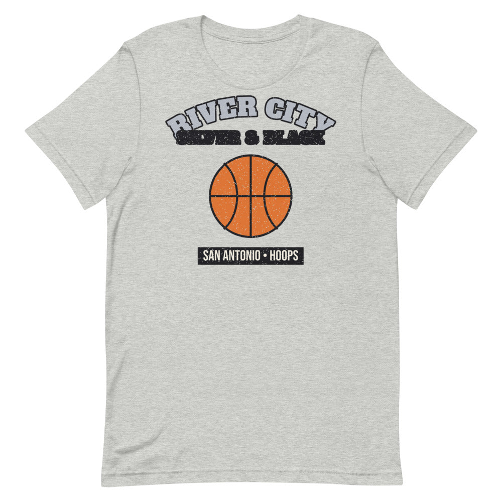 River City Silver & Black Hoops Tee in athletic heather, front