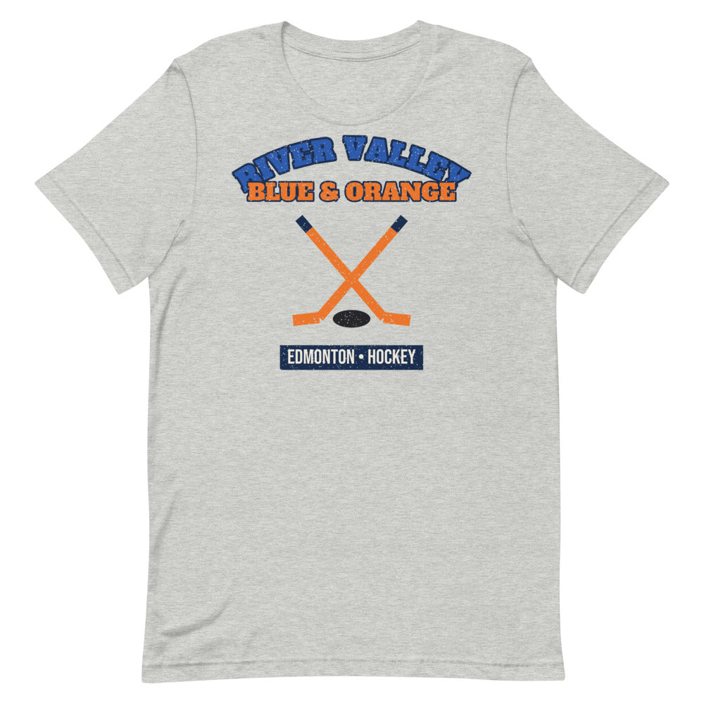 River Valley Blue & Orange Hockey Tee in athletic heather, front
