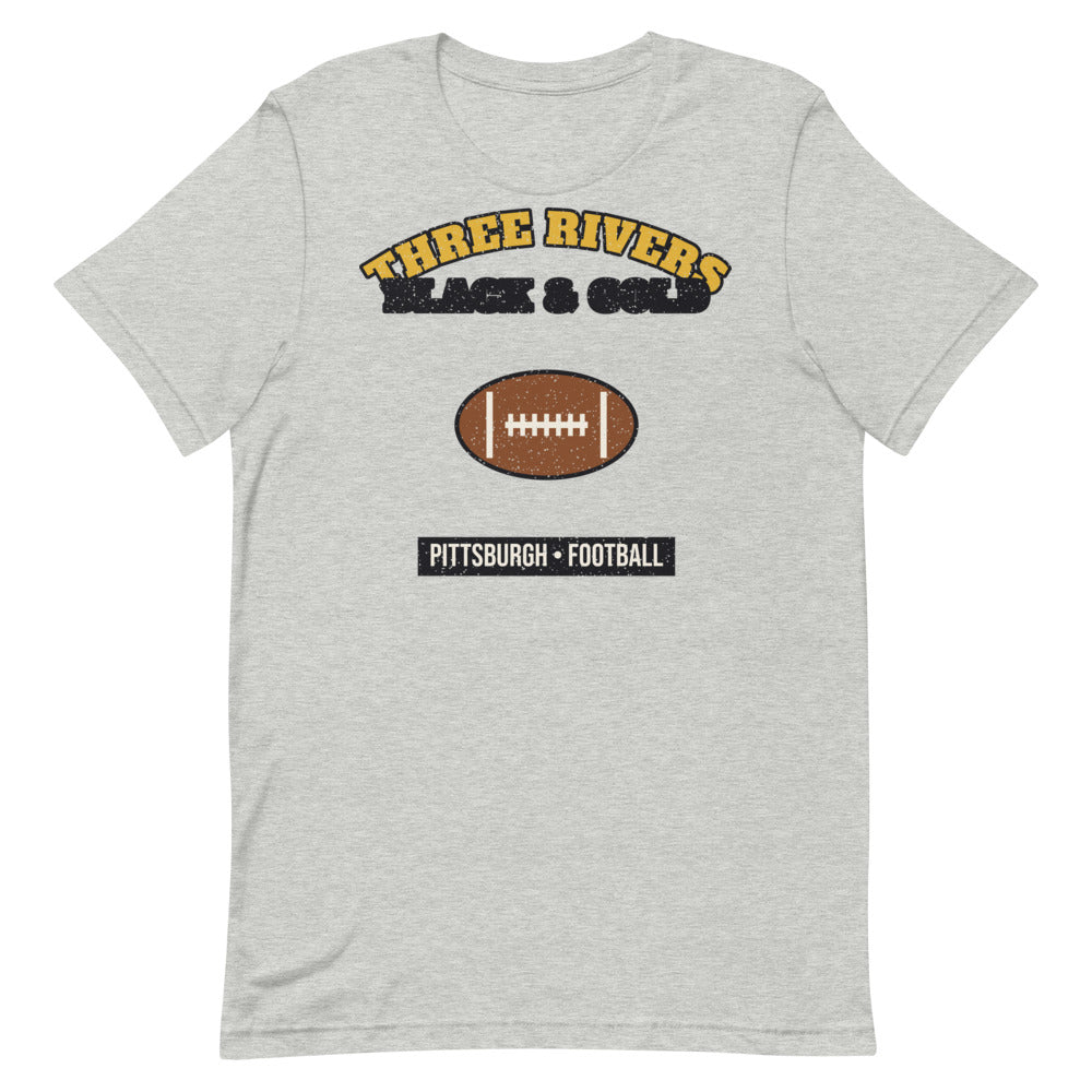 Three Rivers Black & Gold Football Tee in athletic heather, front