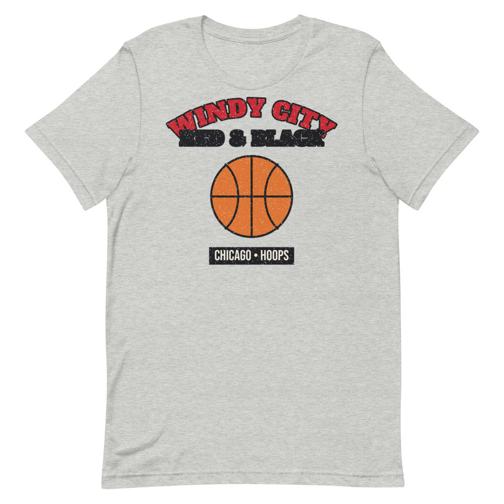 Windy City Red & Black Hoops Tee in athletic heather, front