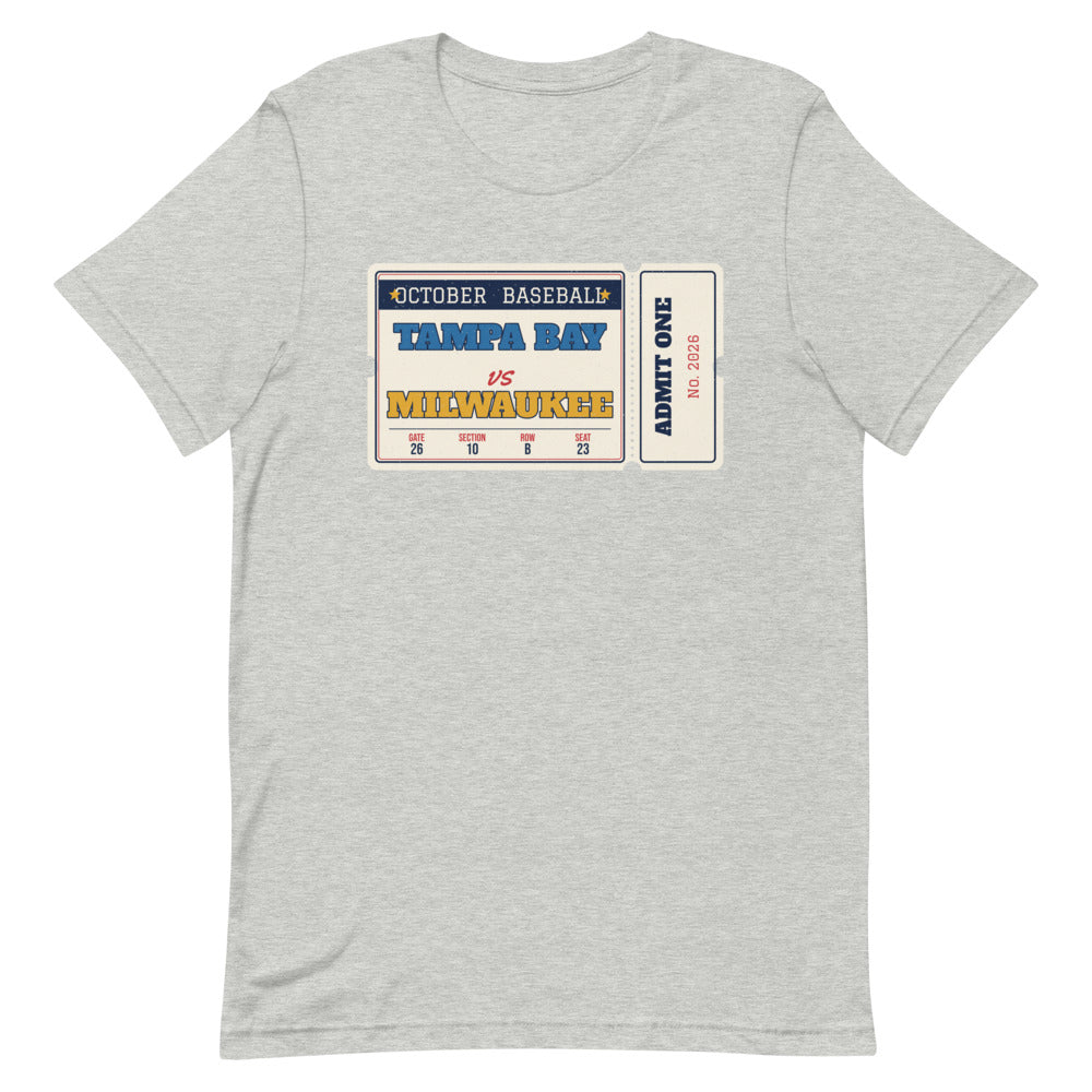Tampa Bay vs Milwaukee Retro Ticket Unisex Tee in athletic heather, front view